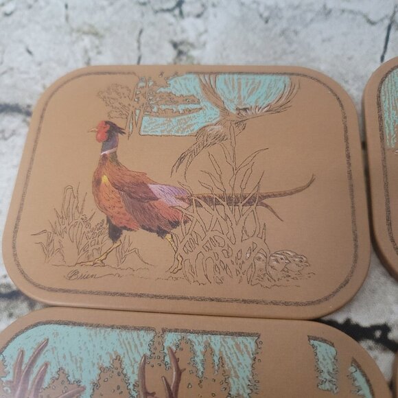Vtg AVON Set of 4 Bar Outdoorsman Wildlife Tom O'Brien COASTERS w Felt Back NIB - Picture 5 of 8